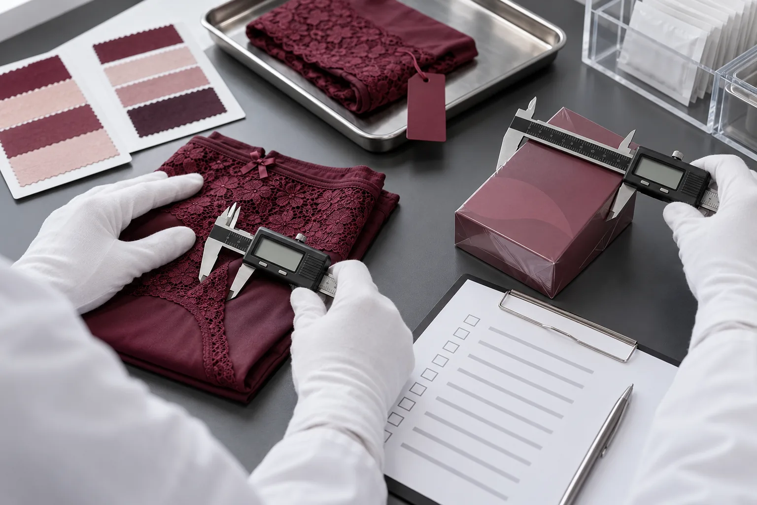 Technician inspecting intimate products at a quality desk